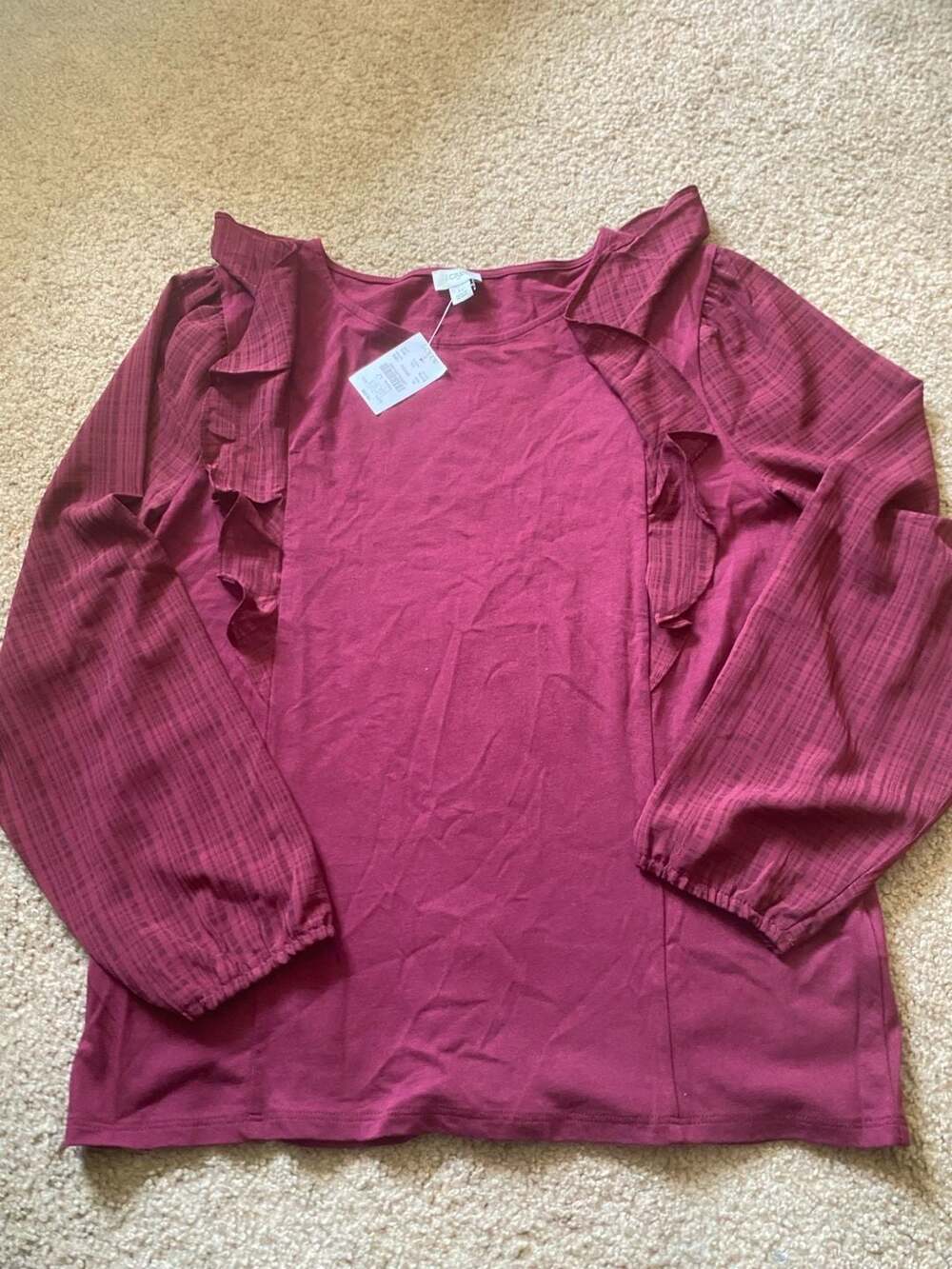 J.Crew Ruffle-Shoulder Top with Plaid Jacquard Sleeves Size M